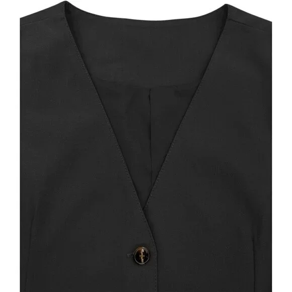 Womens Black Casual Button Down Sleeveless Vest Waistcoat with Pocket - Picture 6 of 6